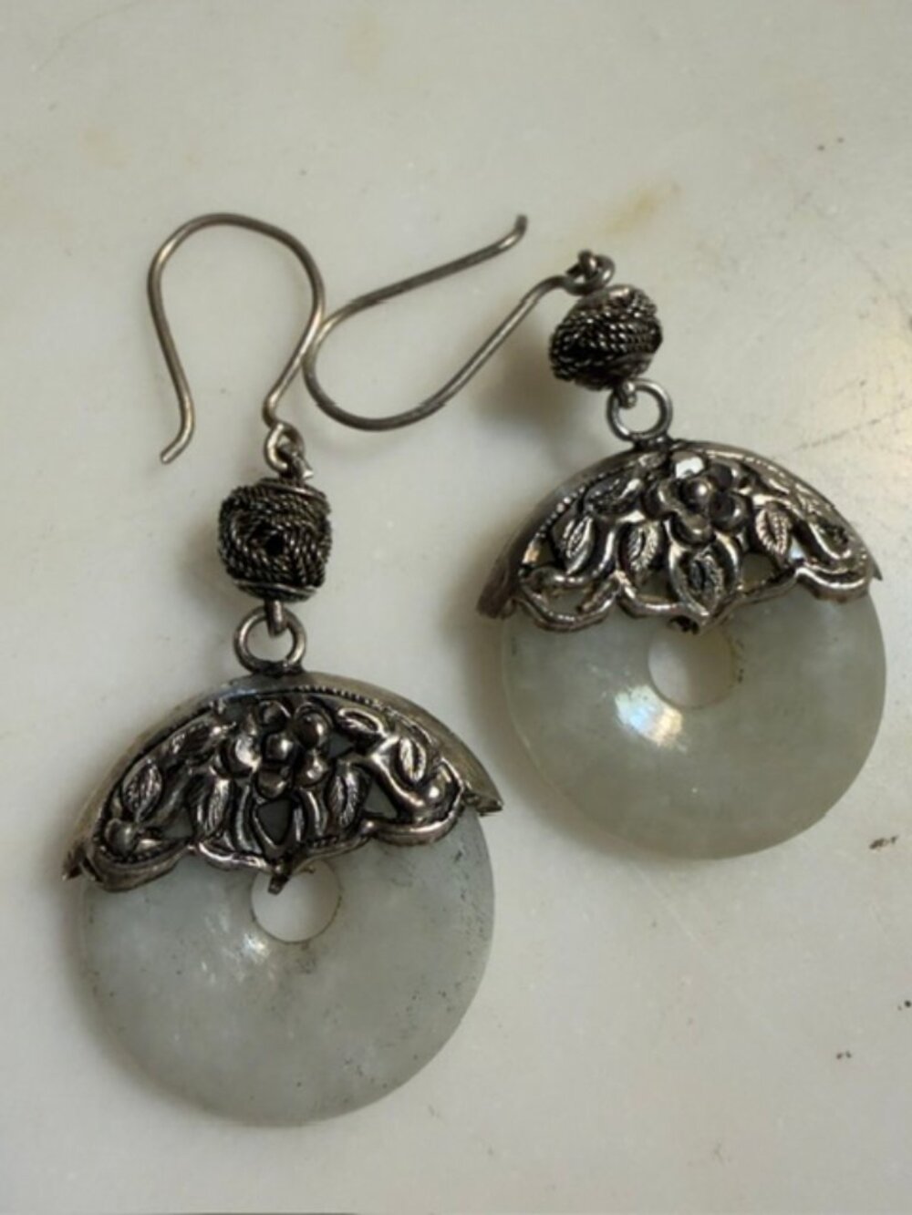 Vintage Chinese Export Sterling Silver Green Jade Bi Donut Drop Earrings